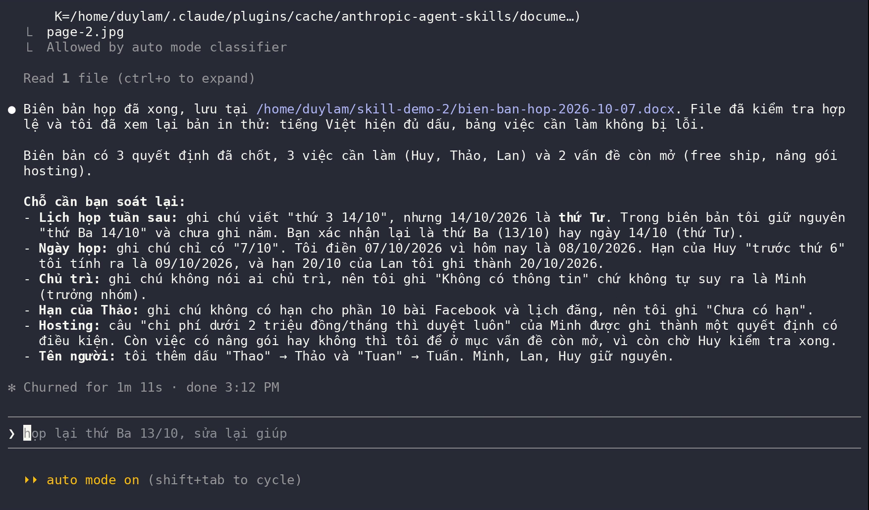 Terminal Claude Code báo xong, kèm danh sách chỗ cần soát lại